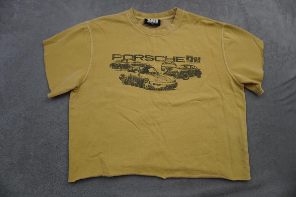 911 The Porsche Magazine Sweatshirt Size S/M Yellow Cropped Raw Hem Car Graphic